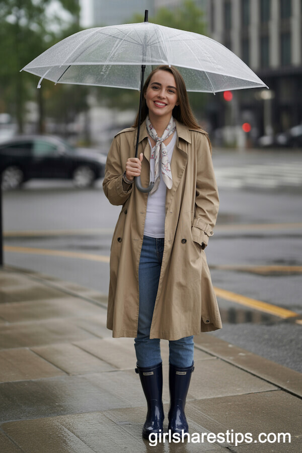 Trench Coat, Jeans, Rain Boots