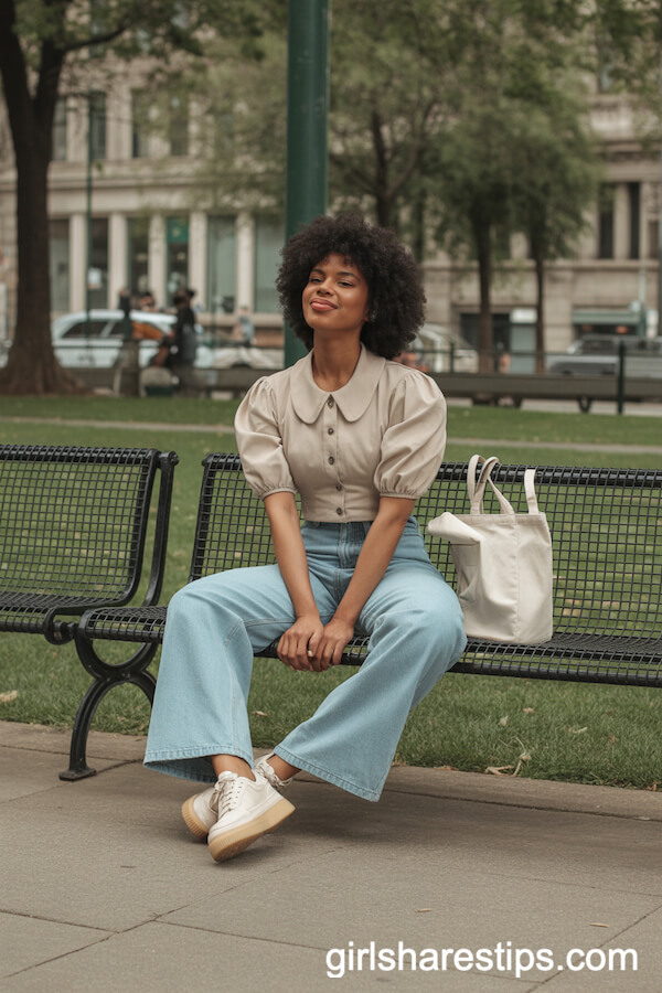 Wide-Leg Jeans with Peter Pan Collar Blouse