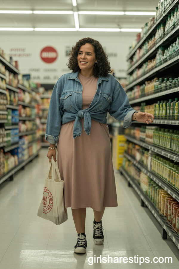 T-Shirt Dress with Jean Jacket and Sneakers for Errands