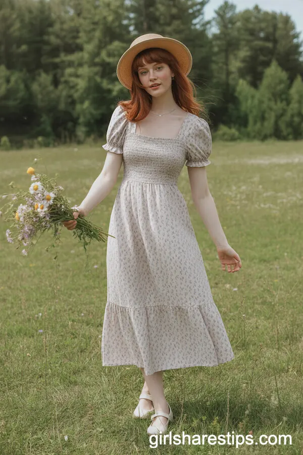 Floral Smocked Midi Dress and Straw Hat Meadow Look