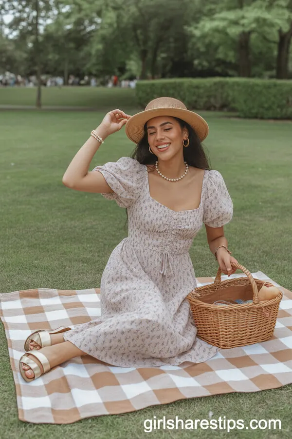 Floral Maxi Dress, Puff Sleeves, Straw Hat Picnic Style
