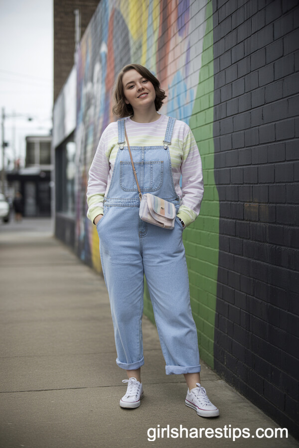 Denim Overalls with Pastel Long-Sleeve Shirt and Sneakers
