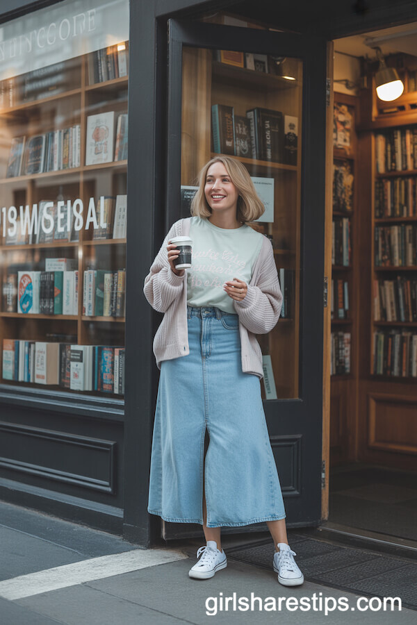 Long Denim Skirt, Graphic Tee, and Cardigan Bookstore Look