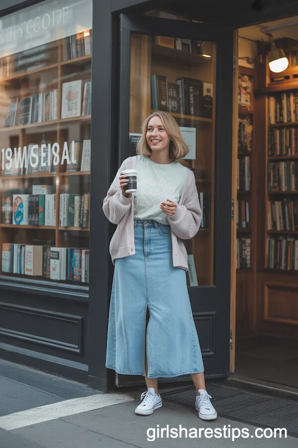 Long Denim Skirt, Graphic Tee, and Cardigan Bookstore Look