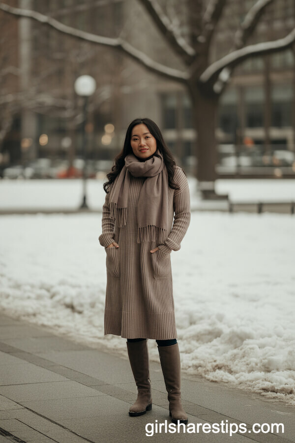 Neutral Sweater Dress, Scarf, and Boots for Winter