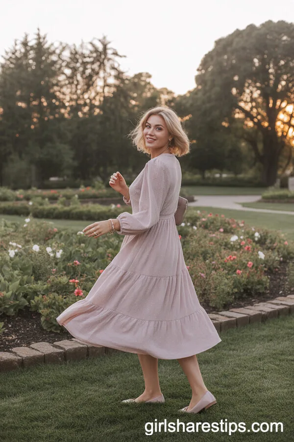 Pastel Long-Sleeved Midi Dress with Ballet Flats