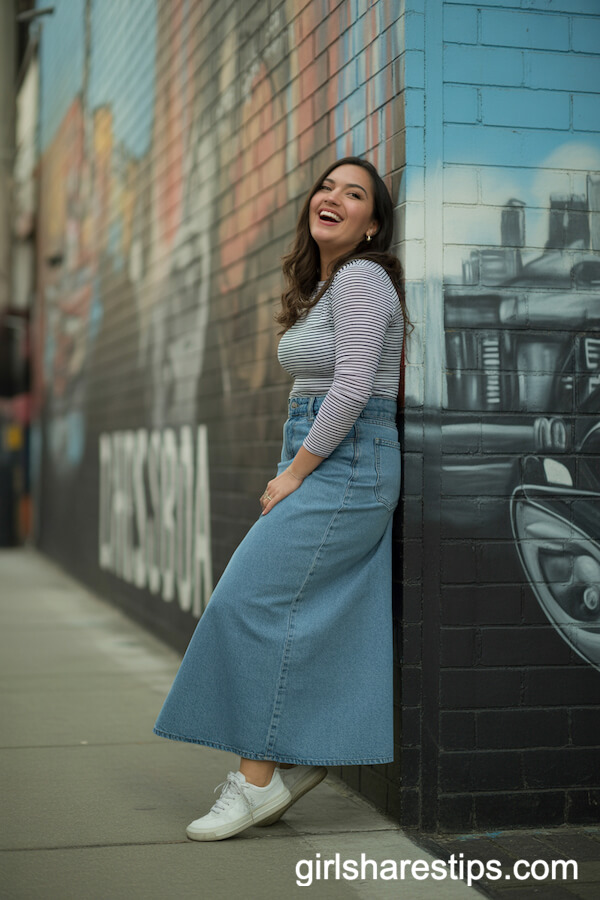 Long Denim Skirt with Striped Tee and Casual Sneakers