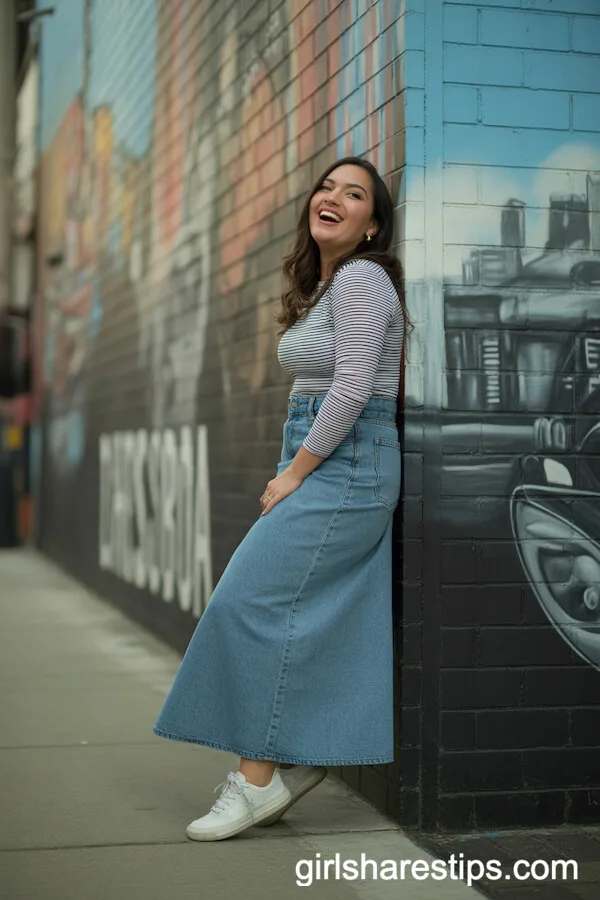 Long Denim Skirt with Striped Tee and Casual Sneakers