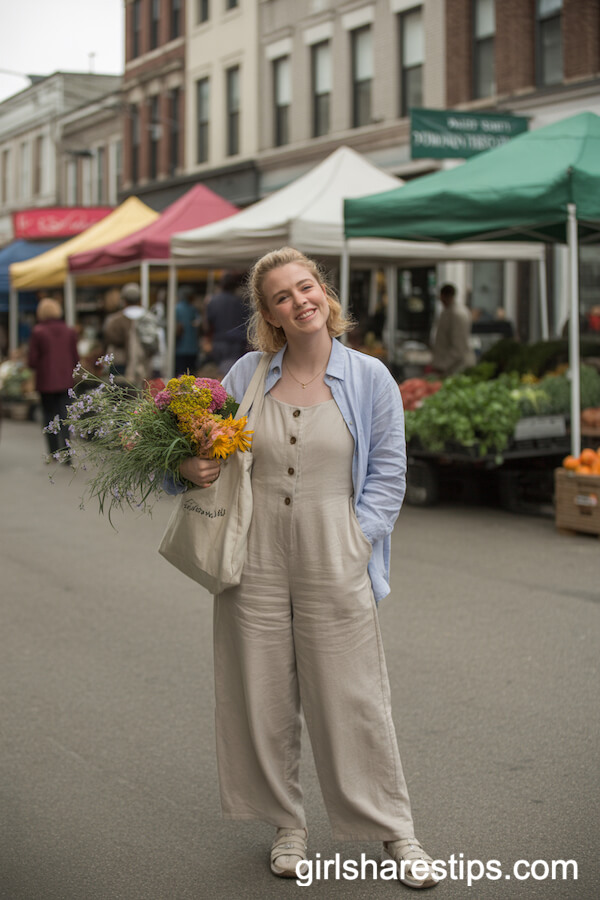 Linen Jumpsuit Layered with Cardigan for Farmer’s Market