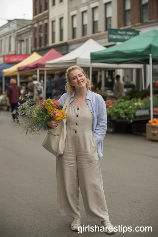 Linen Jumpsuit Layered with Cardigan for Farmer’s Market