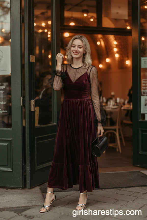 Full-Length Velvet Dress and Chic Heels for Evenings