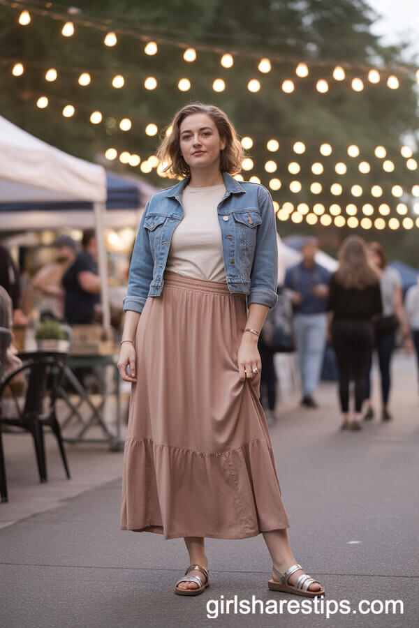 Boho Maxi Skirt with Cropped Denim Jacket