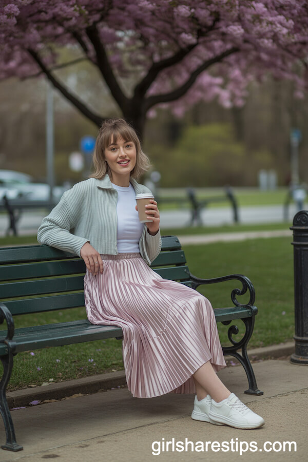 Pleated Pastel Skirt with White Blouse and Cropped Sweater
