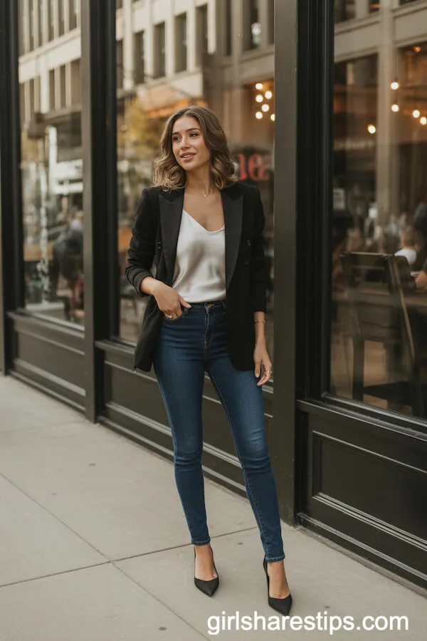 Chic Black Blazer and Skinny Jeans for a Polished City Look