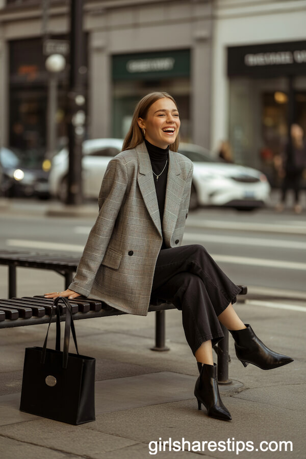 Gray Plaid Blazer and Cropped Black Pants for Timeless Business Chic