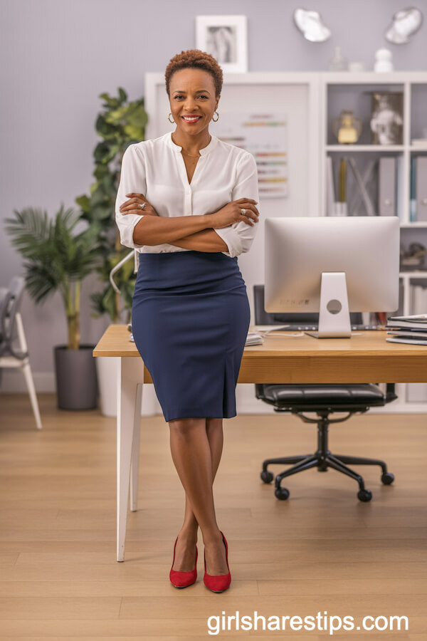 Navy Pencil Skirt and Red Pumps for a Bold Classic Office Look