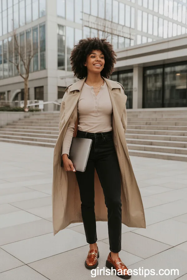 Oversized Trench Coat and Slim Black Pants for Effortless City Elegance