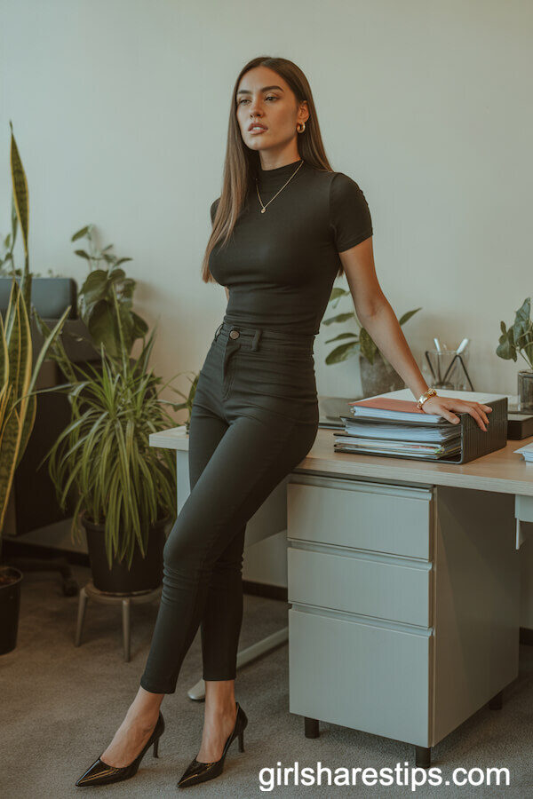 Monochrome Black Mockneck and Cigarette Pants for Minimal Office Glam