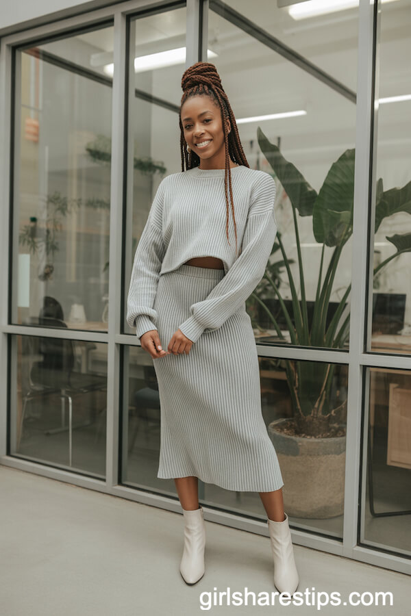 Matching Knit Set and White Ankle Boots for Cozy, Confident Co-Working