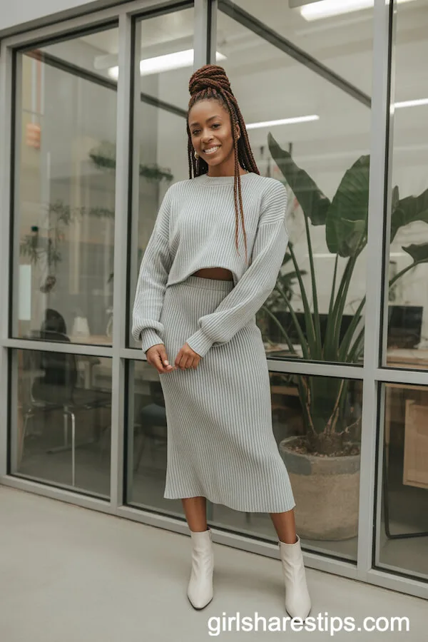 Matching Knit Set and White Ankle Boots for Cozy, Confident Co-Working