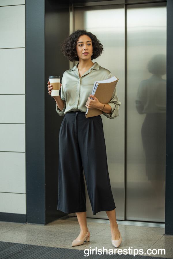 Black Culottes and Sage Blouse