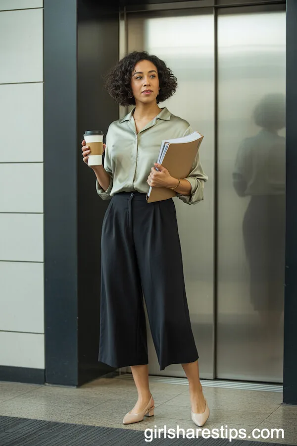 Black Culottes and Sage Blouse