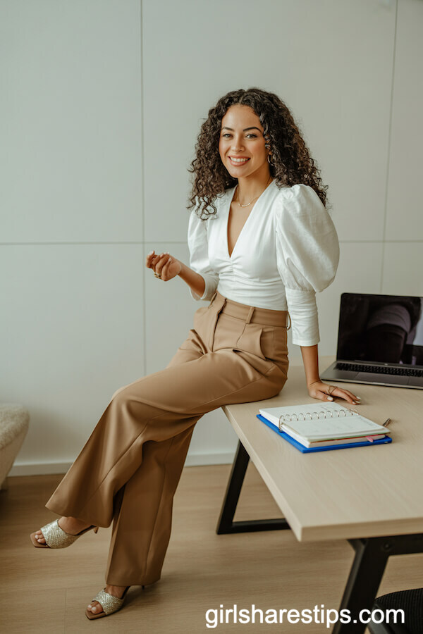 Statement Puff-Sleeve Blouse with Camel Trousers for Trend-Forward Workwear