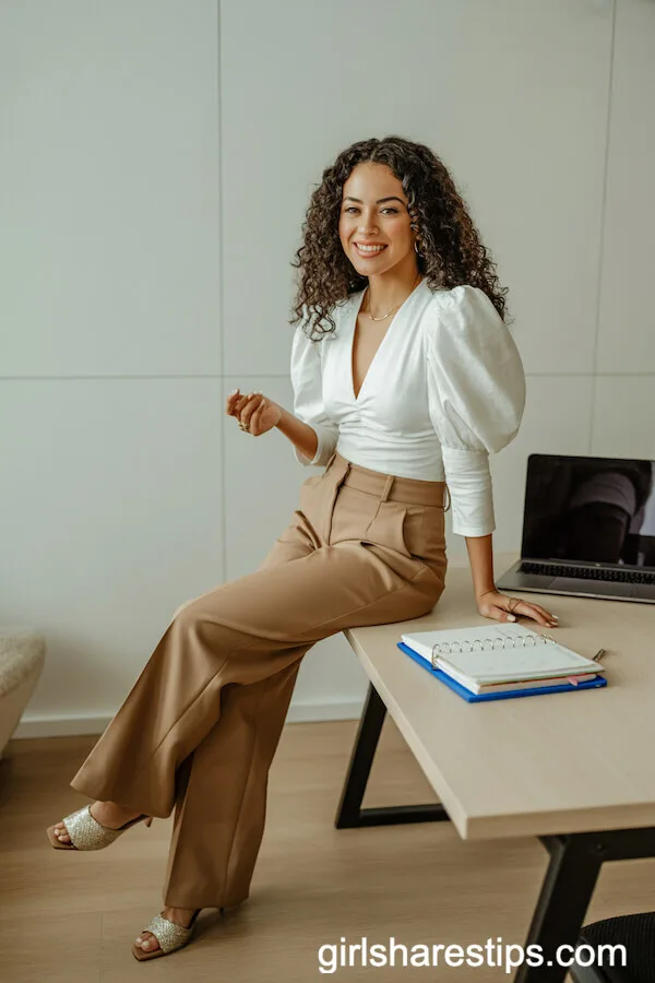 Statement Puff-Sleeve Blouse with Camel Trousers for Trend-Forward Workwear