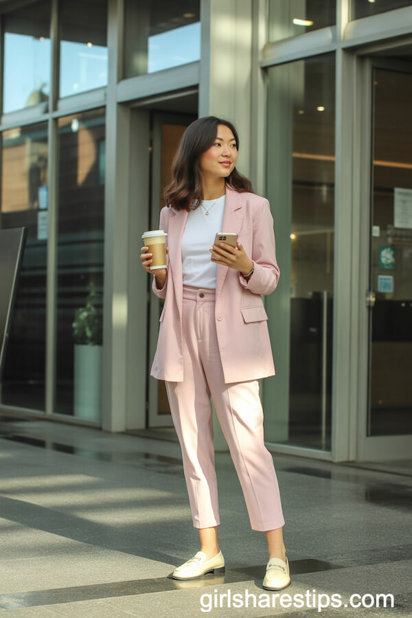 Pastel Pink Pantsuit Paired with Cream Loafers for Modern Minimalism