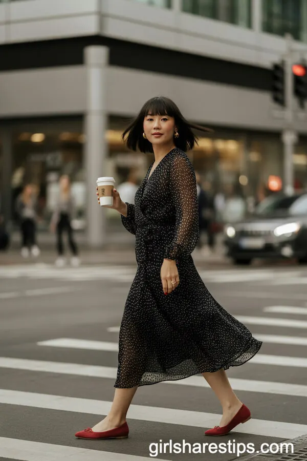 Polka Dot Wrap Dress and Red Ballet Flats