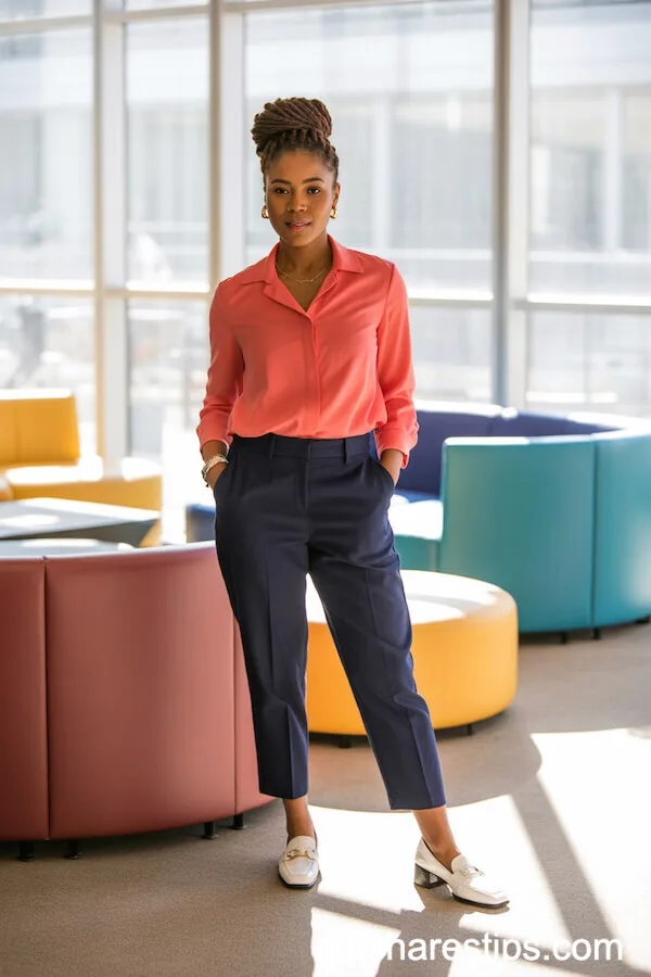 Coral Blouse and Navy Trousers for a Vibrant, Casual Office Ensemble