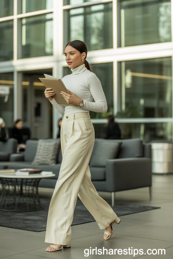 Ivory Turtleneck and Cream Wide-Leg Trousers for a Sleek Neutral Ensemble
