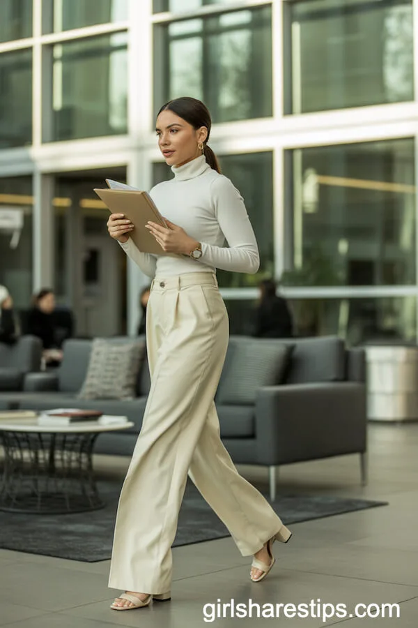 Ivory Turtleneck and Cream Wide-Leg Trousers for a Sleek Neutral Ensemble