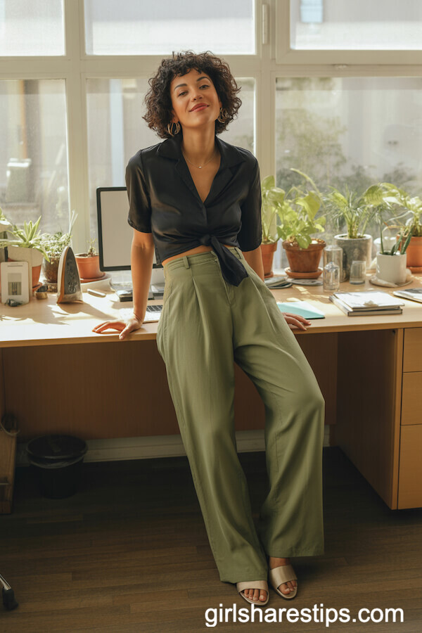 Olive Wide-Leg Pants with a Black Silk Blouse for Playful Sophistication