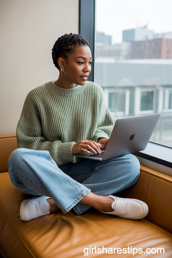 Sage Green Sweater and High-Rise Jeans for Cozy Office Casual