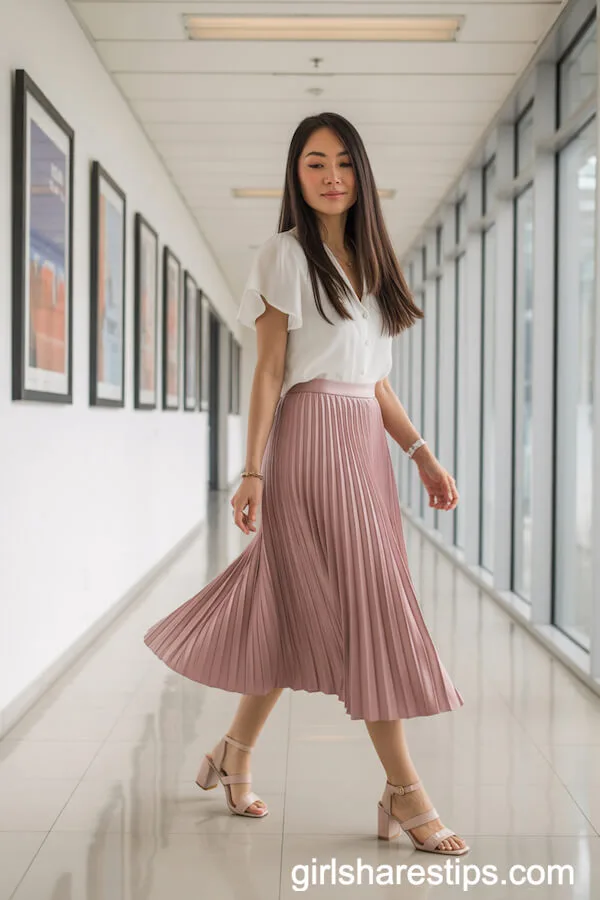Blush Pleated Skirt and Flutter Sleeve Blouse for Feminine Flair