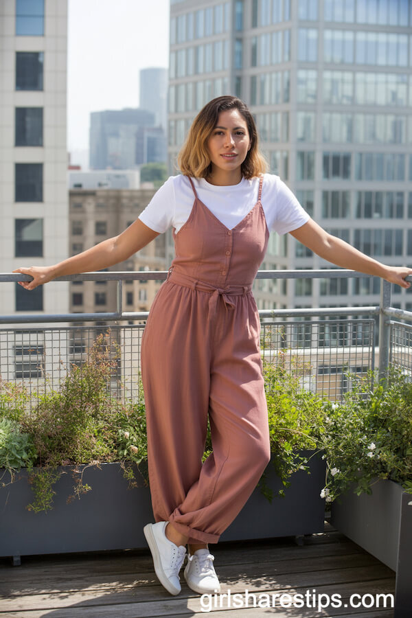 Rust Linen Jumpsuit and White Sneakers for Relaxed Rooftop Vibes