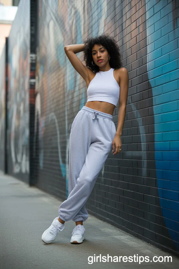 Classic Gray Sweatpants with White Crop Top and Sneakers