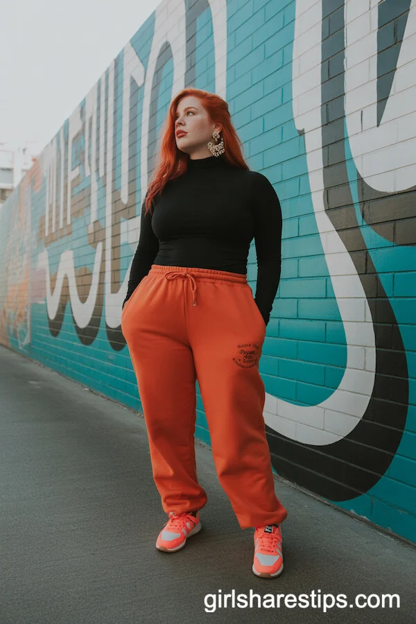 Bright Orange Sweatpants with Black Turtleneck and Statement Earrings