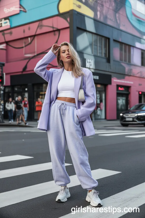 High-Waisted Light Gray Sweatpants with White Crop Top and Pastel Blazer