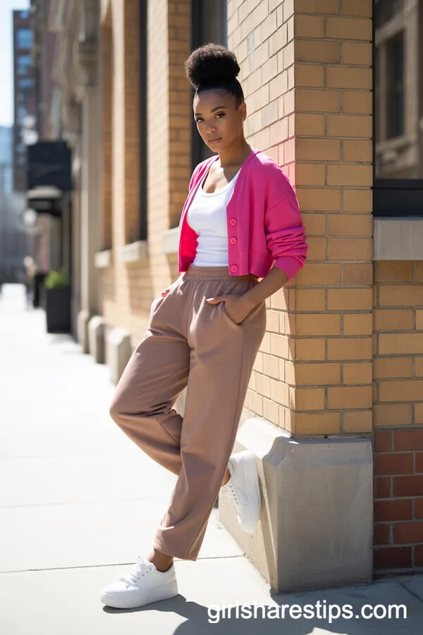 Light Brown Sweatpants with Hot Pink Cropped Cardigan