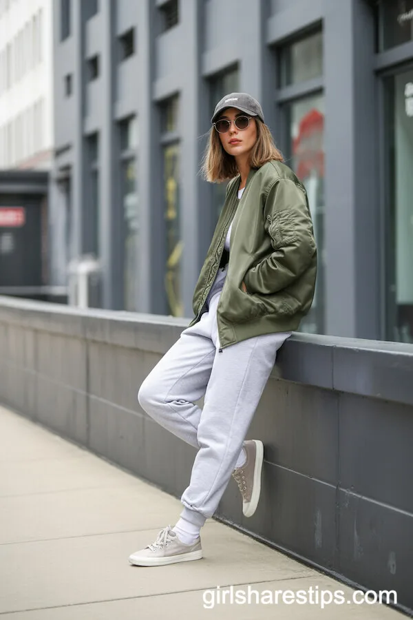 Olive Green Bomber Jacket with Light Gray Sweatpants and Canvas Sneakers