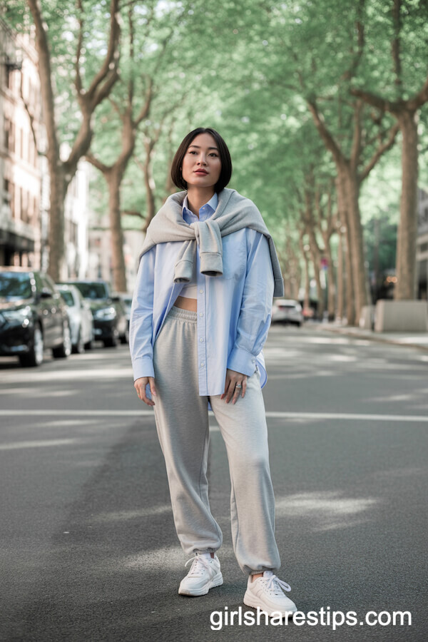 Light Gray Sweatpants with Pale Blue Button-Down and Sweater Drape