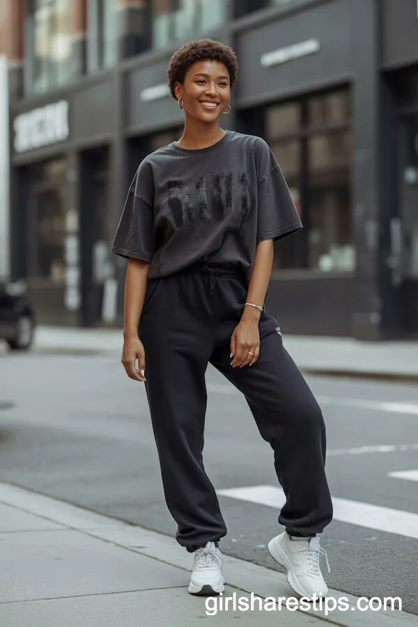 Black Sweatpants with Oversized Graphic T-Shirt and White Chunky Sneakers
