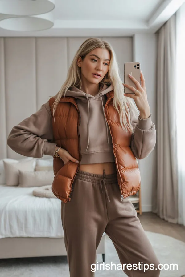 Brown Sweatpants with Light Brown Cropped Hoodie and Puffer Vest