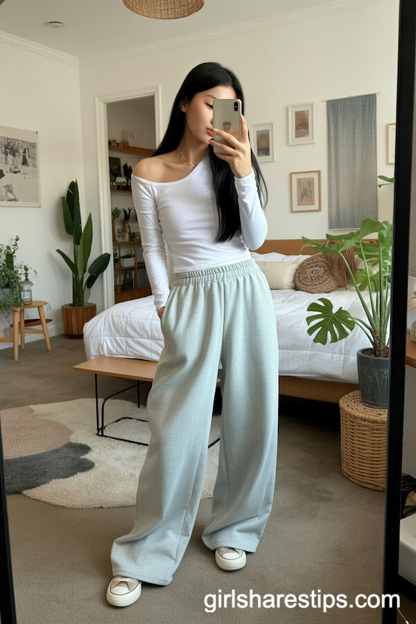 Light Gray Wide-Leg Sweatpants with Fitted One-Shoulder T-Shirt