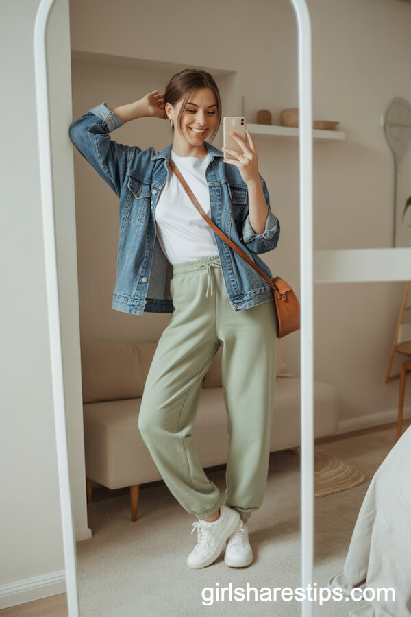 Sage Green Sweatpants with Classic White T-Shirt and Denim Jacket