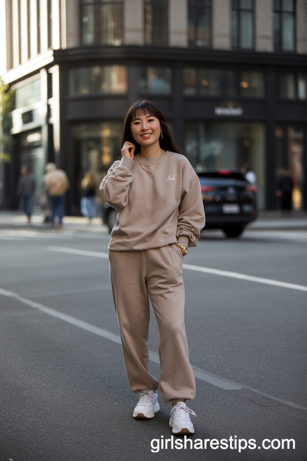 Monochrome Beige Sweatpants Set with Gold Jewelry