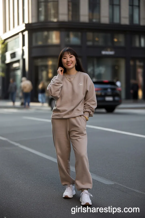 Monochrome Beige Sweatpants Set with Gold Jewelry