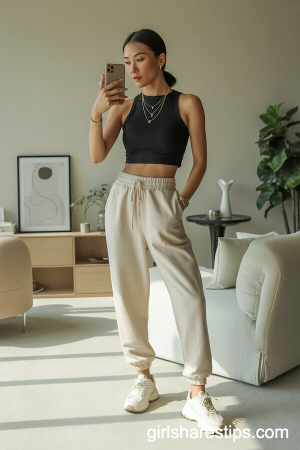 Cream Jogger Sweatpants with Fitted Black Crop Top and Chunky Sneakers